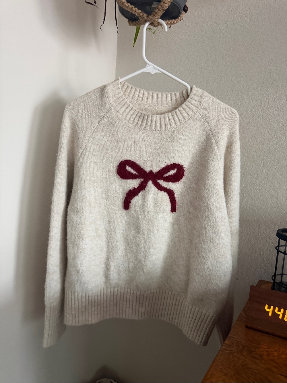Cream Crewneck Sweater with Burgundy Bow Accent- Coquette vibes